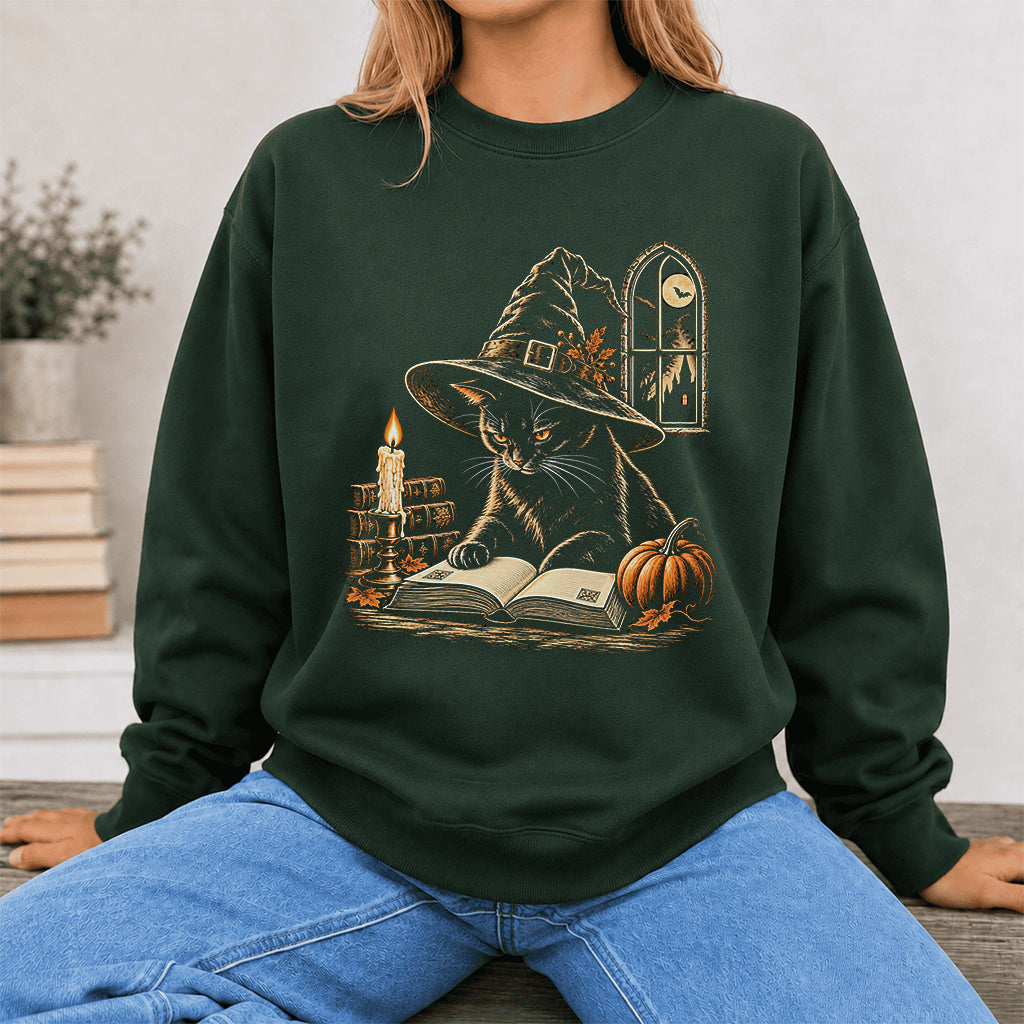 Reading Black Cat Witch Printed Sweatshirt | Halloween Book Lover Gift Forest Green