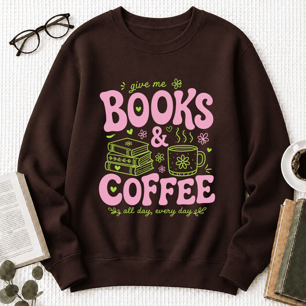 Books and Coffee Crewneck Sweatshirt | Reader Gift Dark Chocolate