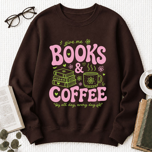 Books and Coffee Crewneck Sweatshirt | Reader Gift Dark Chocolate
