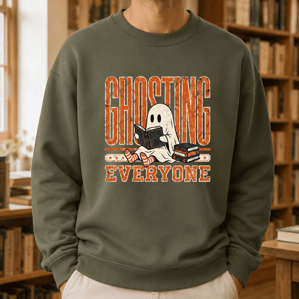 Ghosting Everyone Printed Sweatshirt | Halloween Book Lover Gift Military Green