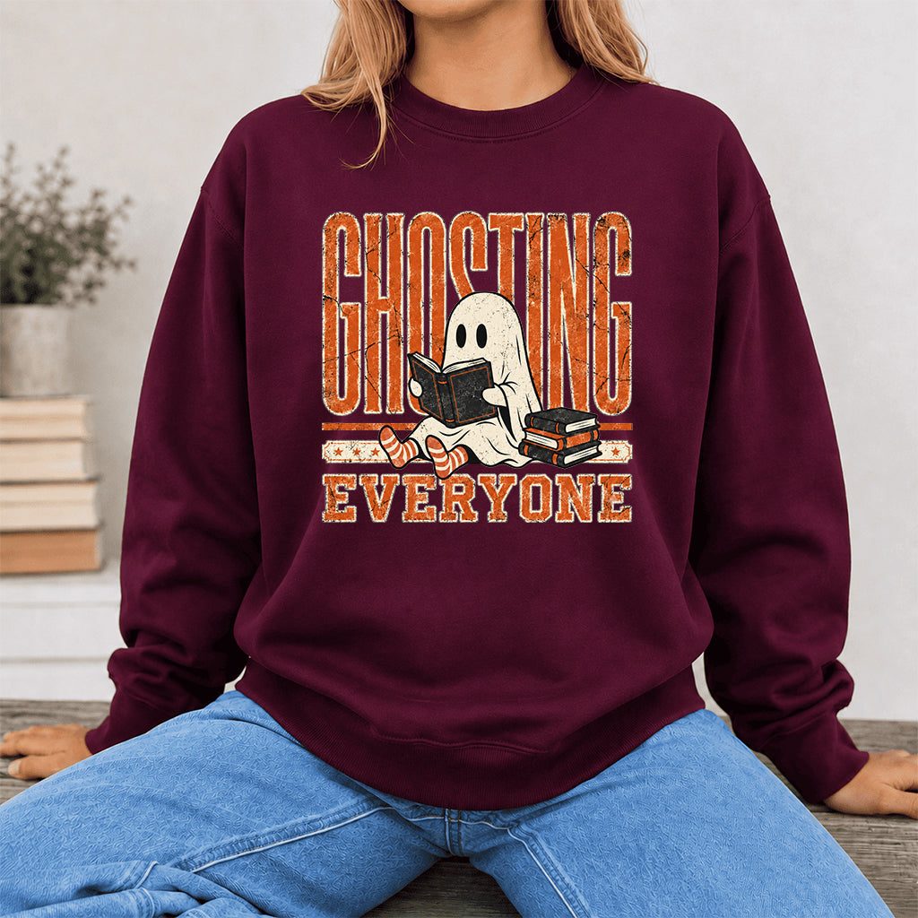 Ghosting Everyone Printed Sweatshirt | Halloween Book Lover Gift Maroon
