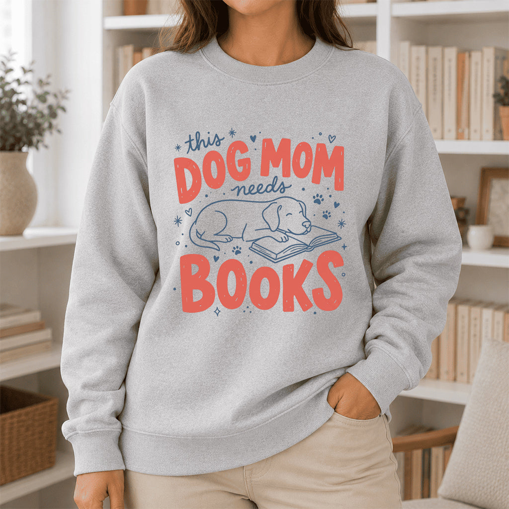 This Dog Mom Needs Books Crewneck Sweatshirt | Dog Lover & Reader Gift Sport Grey