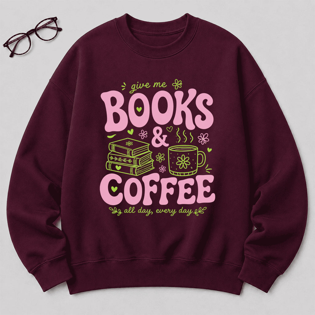 Books and Coffee Crewneck Sweatshirt | Reader Gift Maroon
