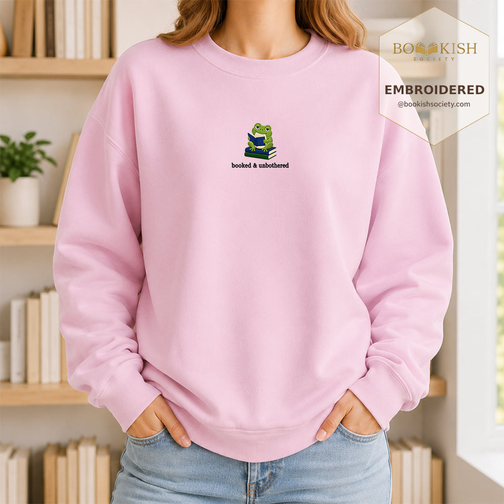 Booked and Unbothered Embroidered Sweatshirt | Reader Gift Light Pink