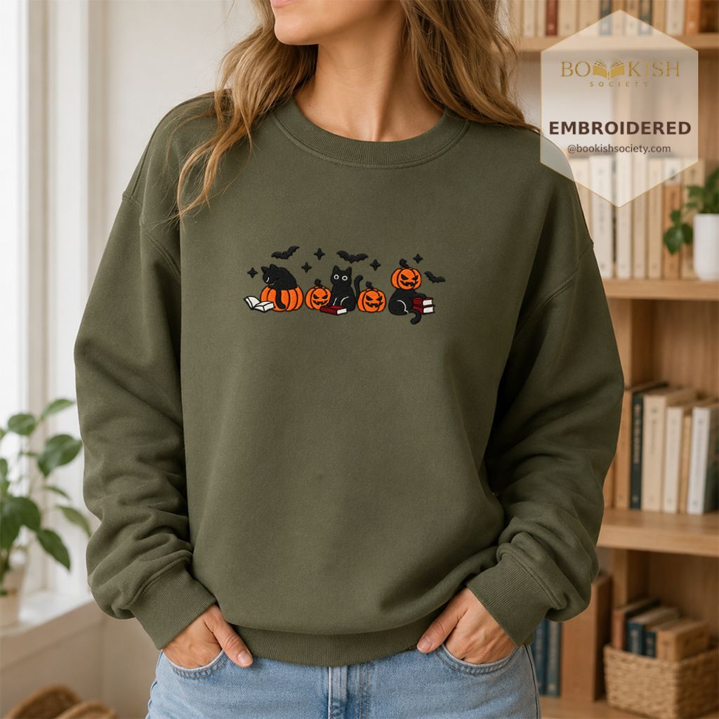Black Cats And Halloween Embroidered Sweatshirt | Spooky Book Lover Gift Military Green