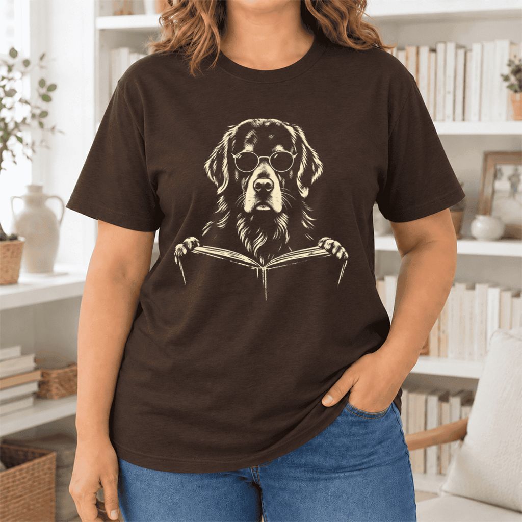 Golden Retriever Reading Book Ultra-Soft Cotton T-Shirt | Dog Mom Reader Gift Brown