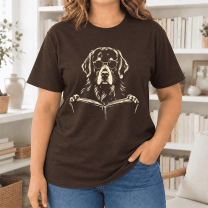 Golden Retriever Reading Book Ultra-Soft Cotton T-Shirt | Dog Mom Reader Gift Brown