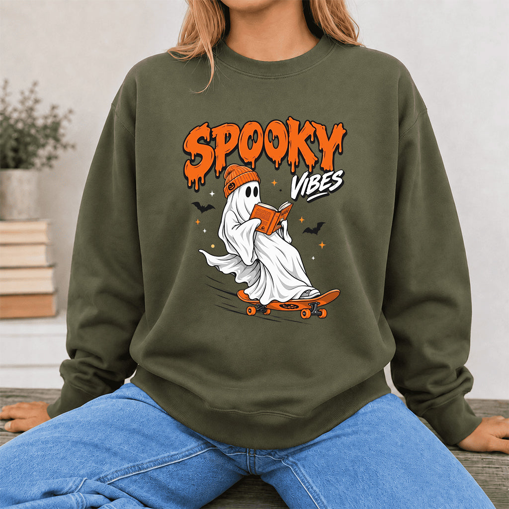 Spooky Vibes Printed Sweatshirt | Halloween Reader Gift Military Green