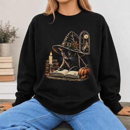 Reading Black Cat Witch Printed Sweatshirt | Halloween Book Lover Gift Black
