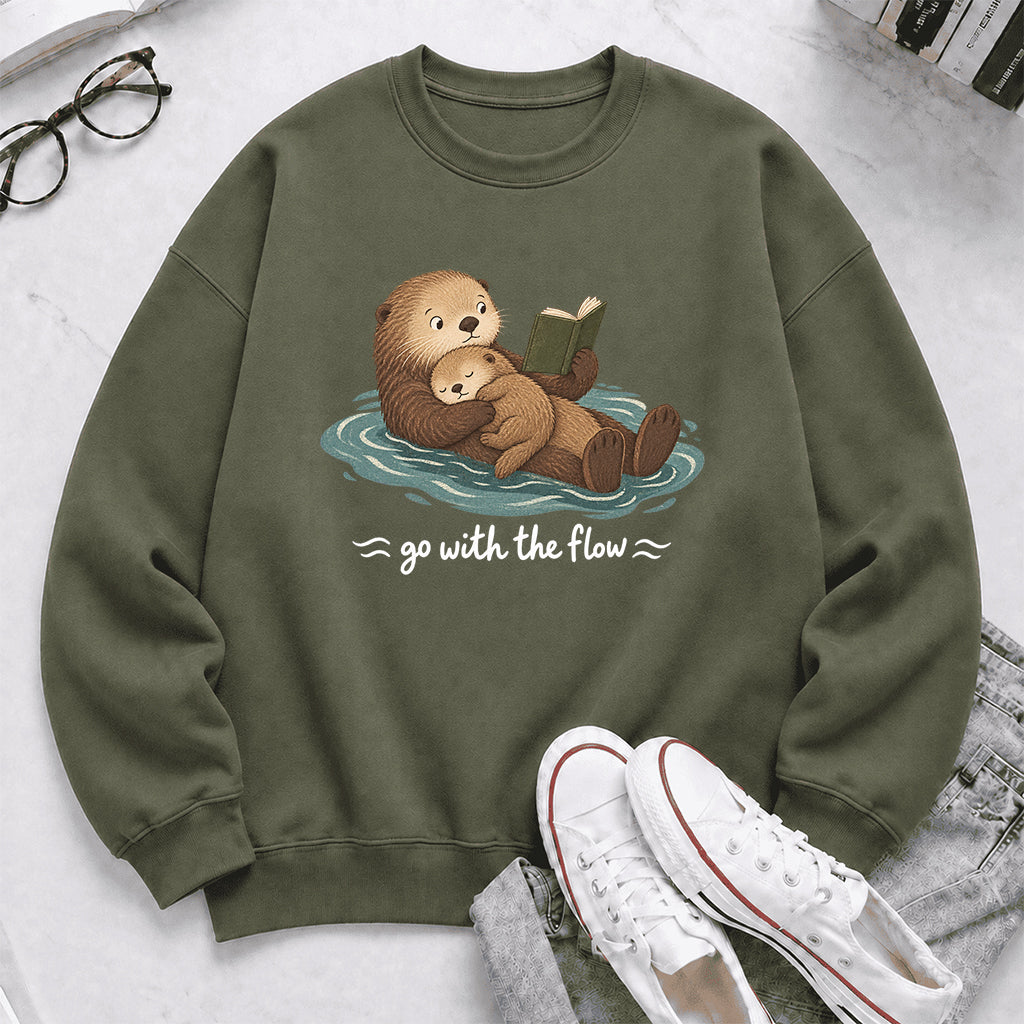 Go With The Flow Otter Reading Crewneck Sweatshirt | Reader Gift Military Green