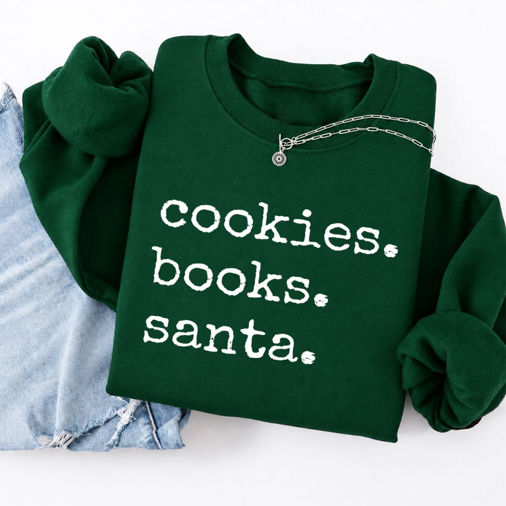 Cookies Books Santa Softstyle Sweatshirt | Christmas Book Lover Gift Forest Green