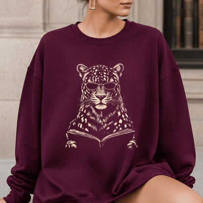 Leopard Reading Book Crewneck Sweatshirt | Reader Gift Maroon