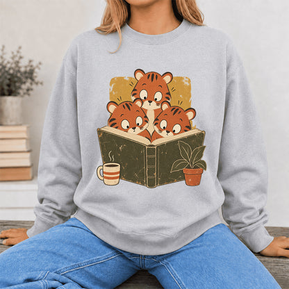 Minimal Japanese Tigers Reading Crewneck Sweatshirt | Reader Gift Sport Grey
