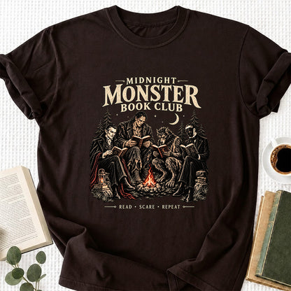 Midnight Monster Book Club Printed T-Shirt | Halloween Book Lover Gift Dark Chocolate