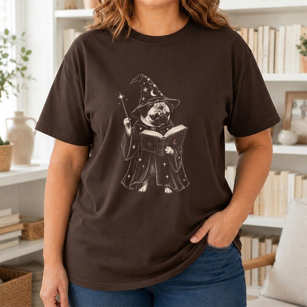 Cute Pug Witch Reading Book Printed T-Shirt | Halloween Book & Dog Lover Gift Dark Chocolate