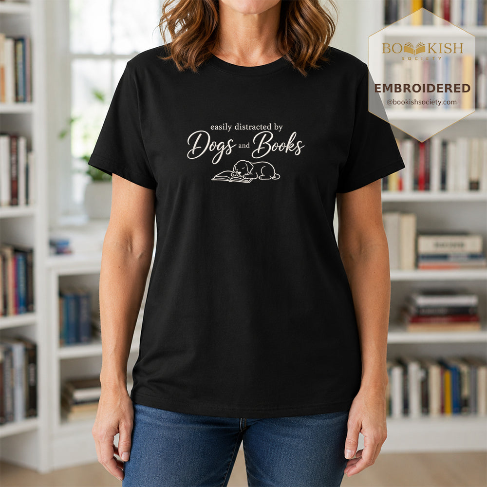 Easily Distracted By Dogs And Books Embroidered Comfort Color® T-shirt | Book Lover Gift Black