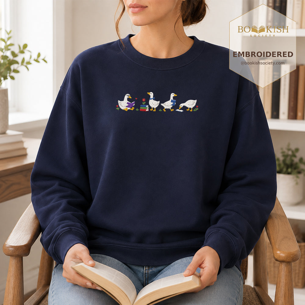 Four Reading Ducks Embroidered Sweatshirt | Reader Gift Navy