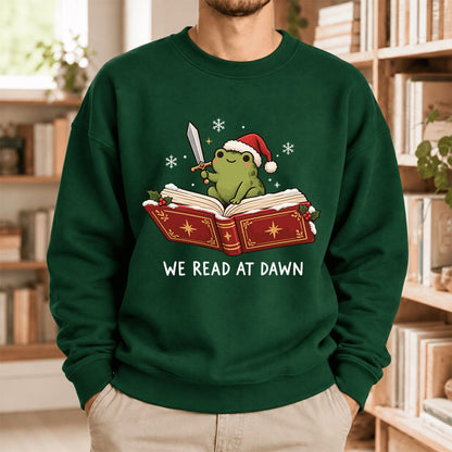 We Read At Dawn Frog Softstyle Sweatshirt | Christmas Book Lover Gift Forest Green