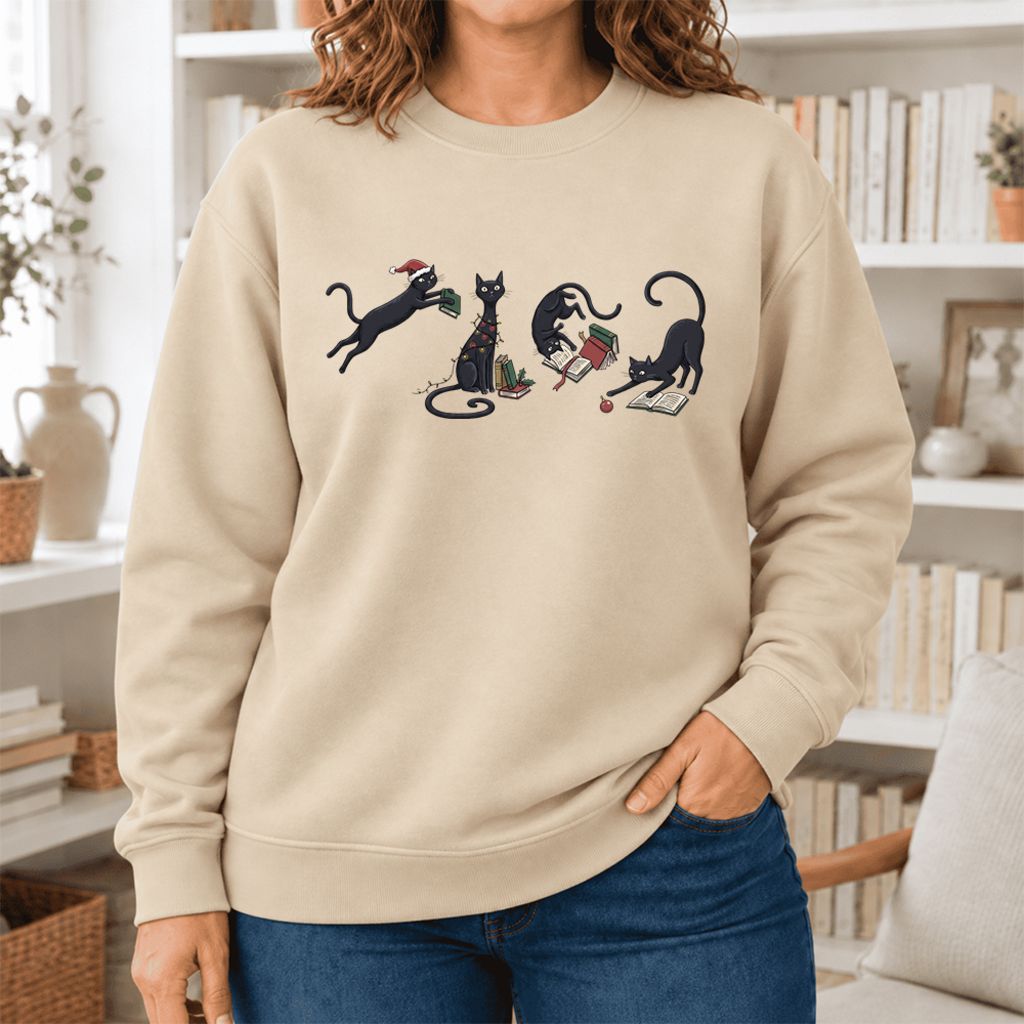 Christmas Reading Cats Softstyle Sweatshirt | Christmas Book Lover Gift Sand