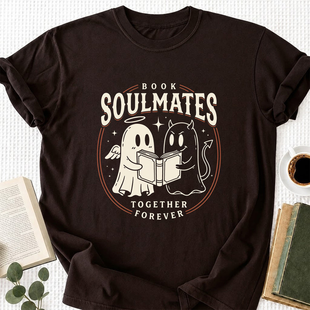 Book Soulmates Together Forever Printed T-Shirt | Halloween Book Lover Gift Dark Chocolate