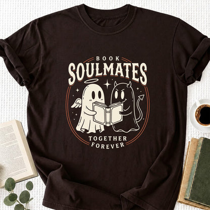 Book Soulmates Together Forever Printed T-Shirt | Halloween Book Lover Gift Dark Chocolate