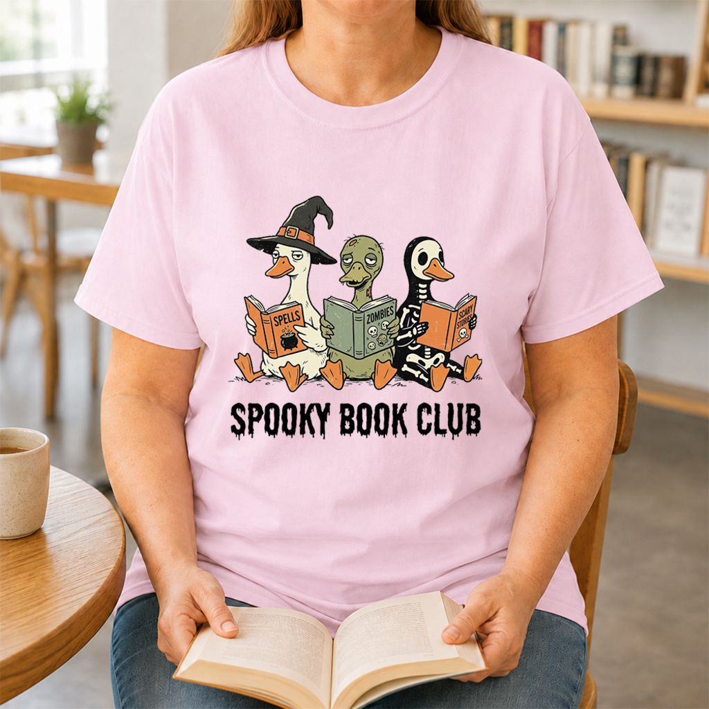Spooky Book Club Printed T-Shirt | Halloween Book Lover Gift Light Pink