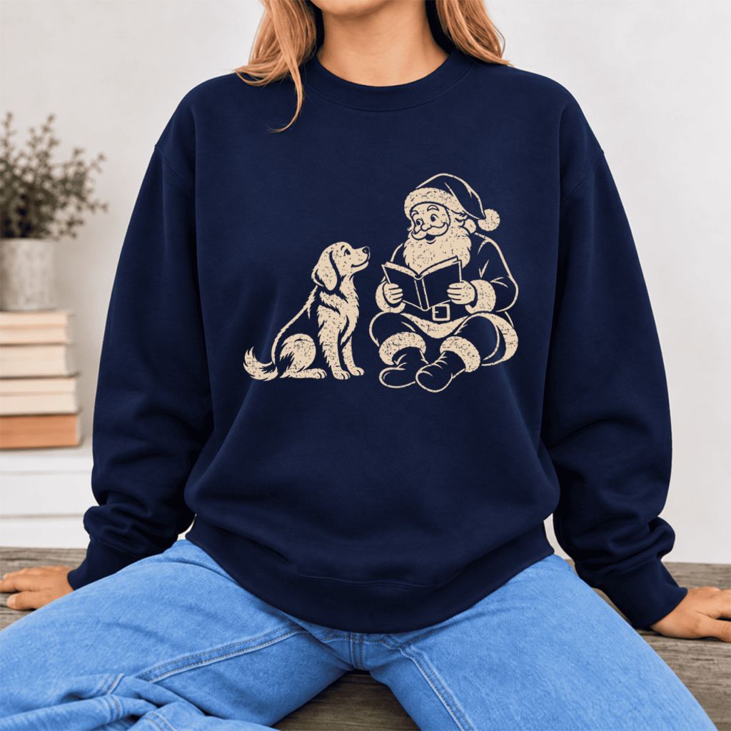 Funny Dog With Reading Santa Softstyle Sweatshirt | Christmas Book Lover Gift Navy