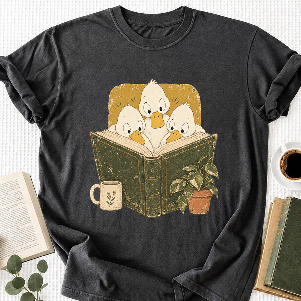 Minimal Japanese Ducks Reading Softstyle T-Shirt | Book Lover Gift Dark Heather