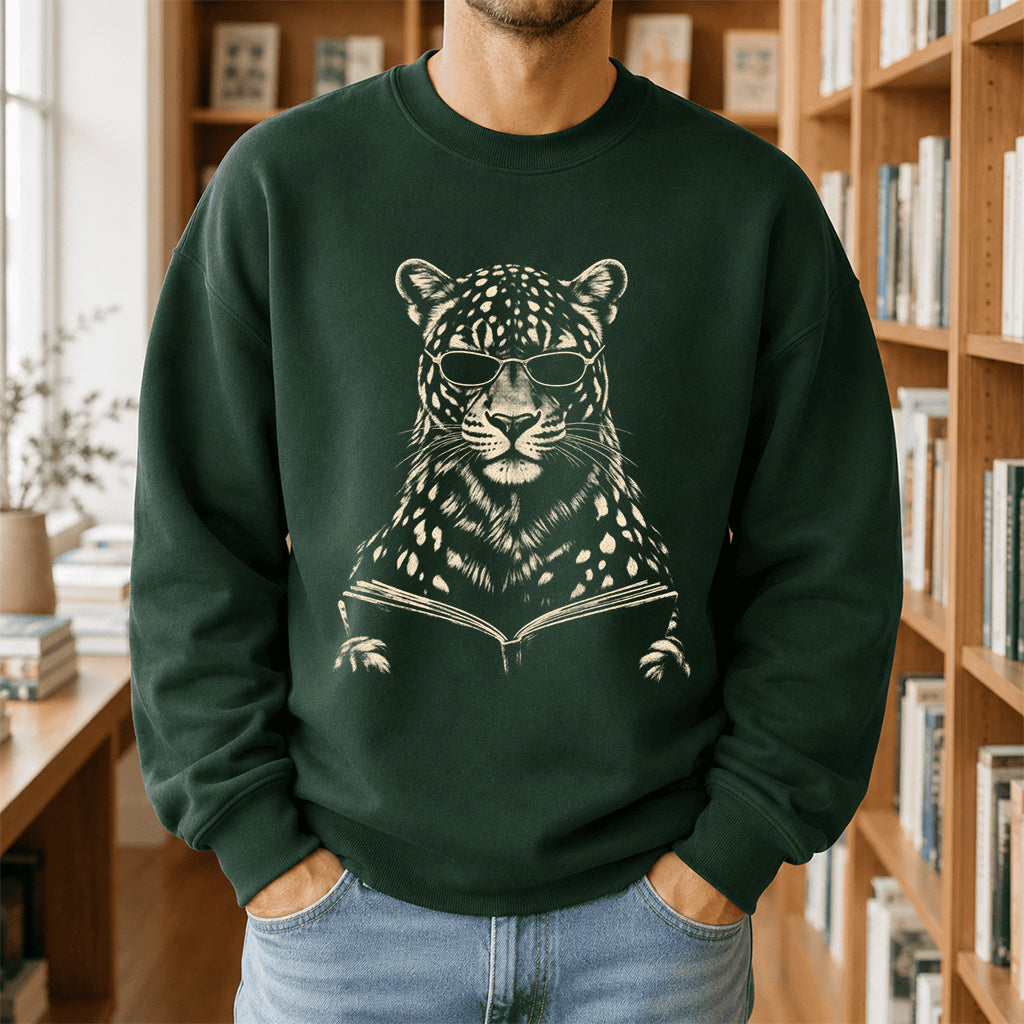 Leopard Reading Book Crewneck Sweatshirt | Reader Gift Forest Green