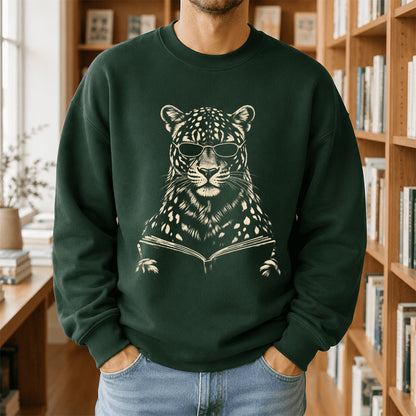 Leopard Reading Book Crewneck Sweatshirt | Reader Gift Forest Green