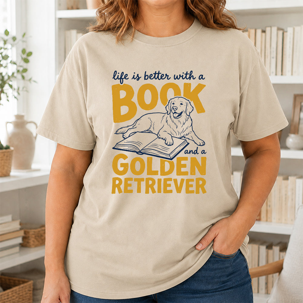 Life Is Better With A Book And A Golden Retriever Softstyle T-Shirt | Book Lover Gift Sand