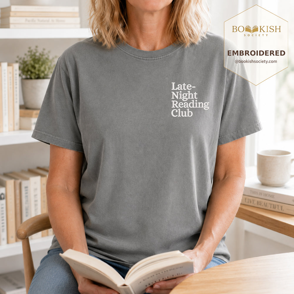 Late Night Reading Club Embroidered Comfort Color® T-shirt | Book Lover Gift Granite
