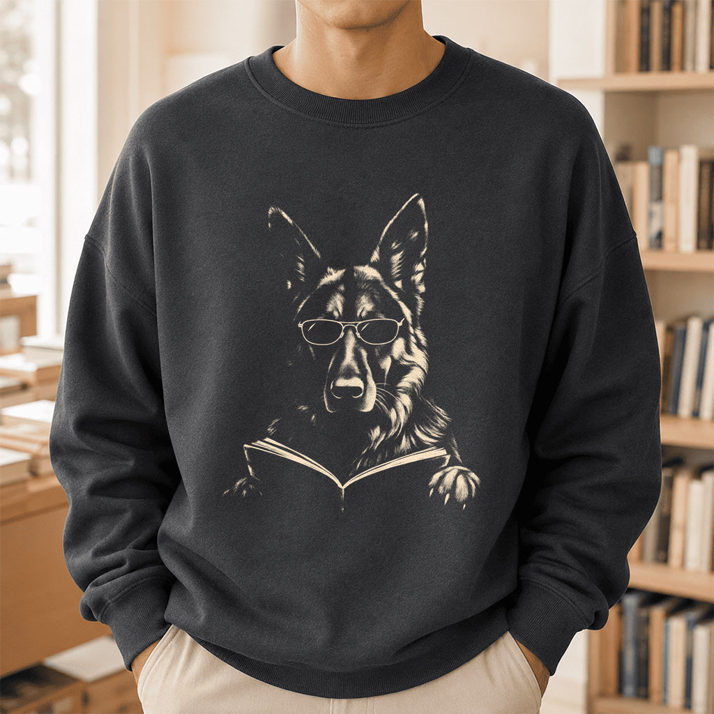 German Shepherd Reading Book Crewneck Sweatshirt | Reader Gift Dark Heather