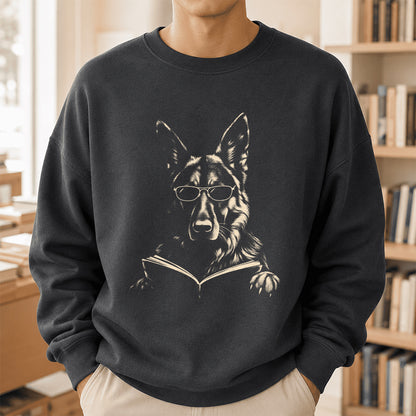 German Shepherd Reading Book Crewneck Sweatshirt | Reader Gift Dark Heather