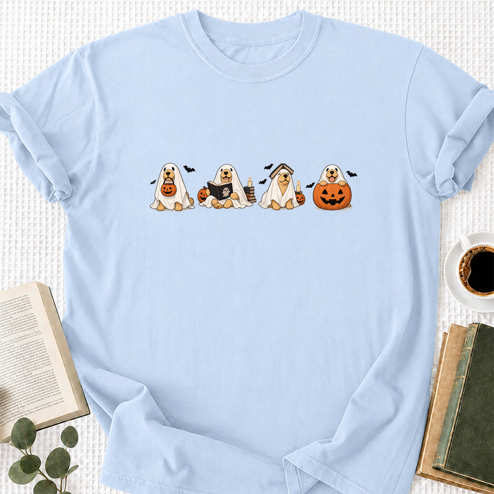Spooky Golden Retrievers Book Club Printed T-Shirt | Halloween Book Lover Gift Light Blue