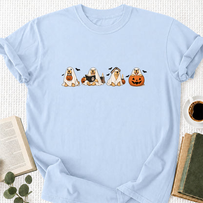 Spooky Golden Retrievers Book Club Printed T-Shirt | Halloween Book Lover Gift Light Blue