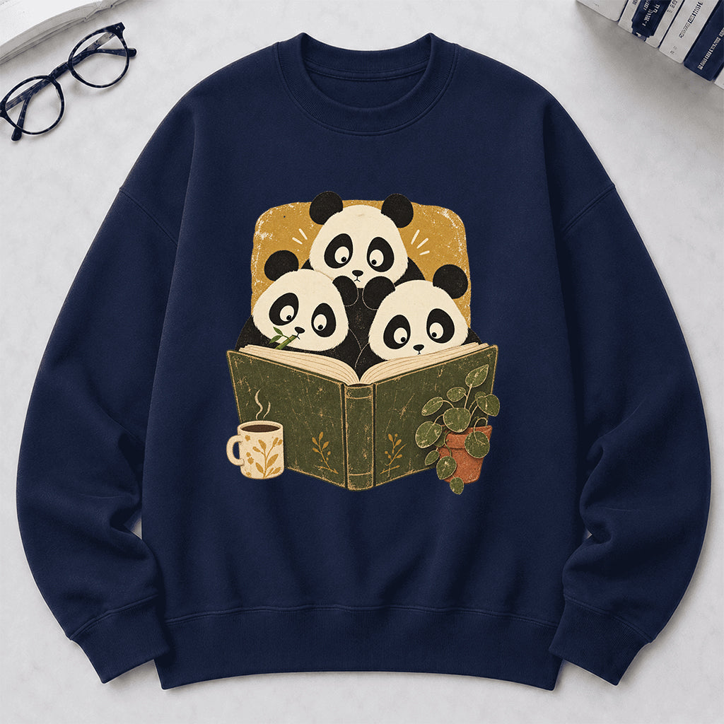 Curious Pandas Reading Crewneck Sweatshirt | Panda Lover & Reader Gift Navy
