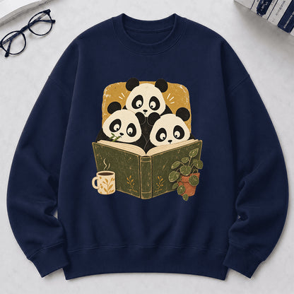 Curious Pandas Reading Crewneck Sweatshirt | Panda Lover & Reader Gift Navy