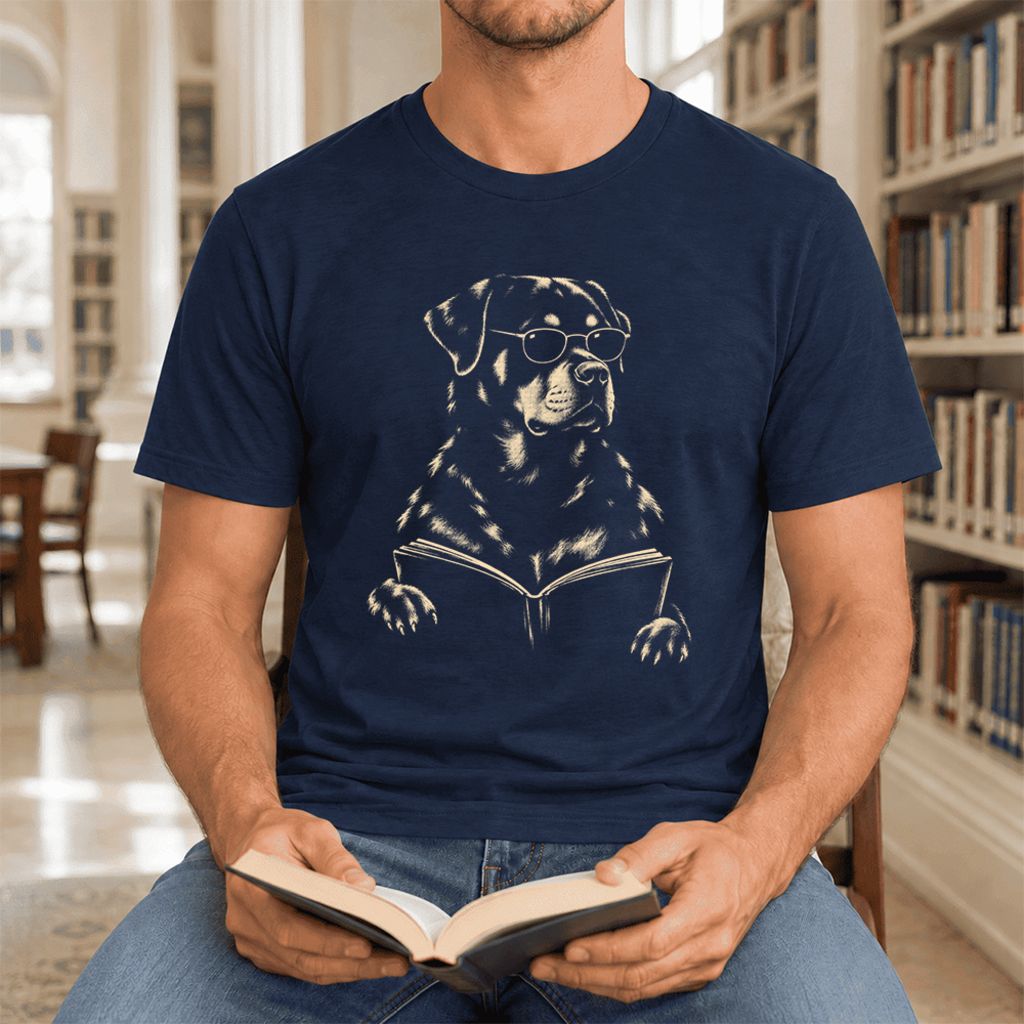 Rottweiler Reading Book Ultra-Soft Cotton T-Shirt | Dog Mom Reader Gift Navy
