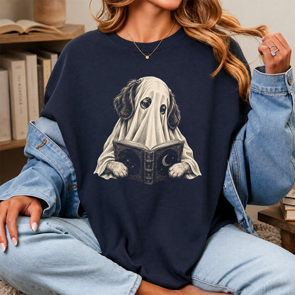 Reading Ghost Dog Printed T-Shirt | Halloween Dog Lover Gift Navy