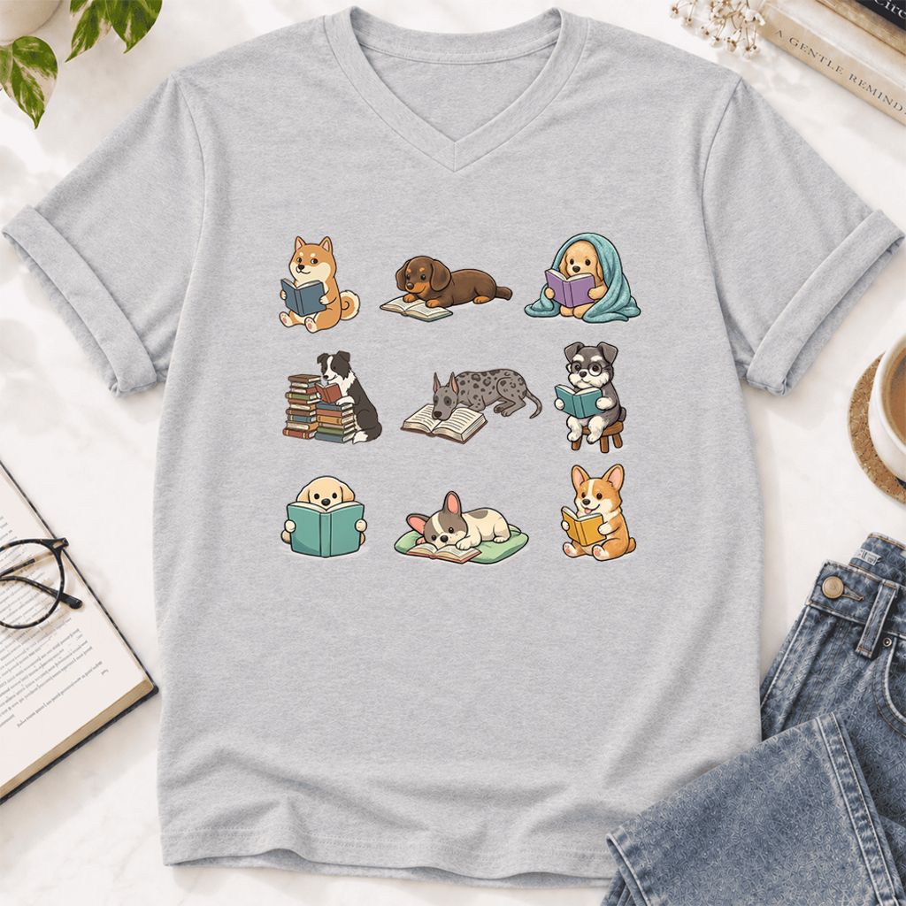 Funny Reading Dogs Ultra-Soft V-Neck | Dog Mom Reader Gift Ash