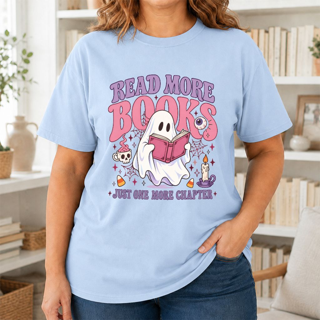 Read More Books Ghost Printed T-Shirt | Halloween Book Lover Gift Light Blue