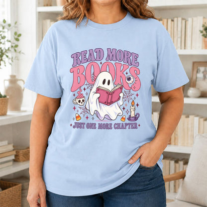 Read More Books Ghost Printed T-Shirt | Halloween Book Lover Gift Light Blue