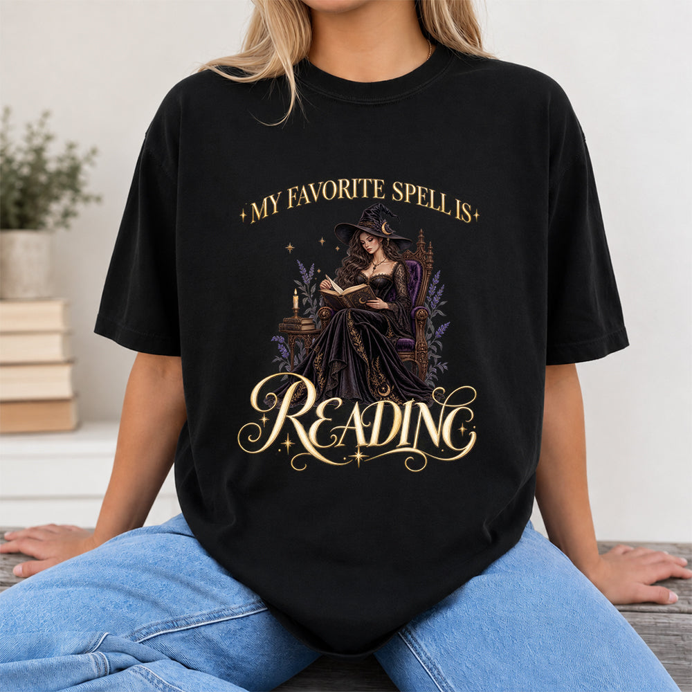 My Favorite Spell Is Reading Printed T-Shirt | Halloween Fantasy Book Lover Gift Black