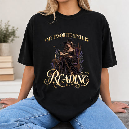 My Favorite Spell Is Reading Printed T-Shirt | Halloween Fantasy Book Lover Gift Black