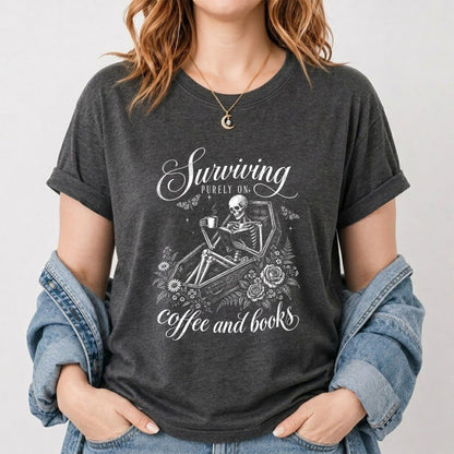 Surviving Purely On Coffee And Books Printed T-Shirt | Halloween Book Lover Gift Dark Heather