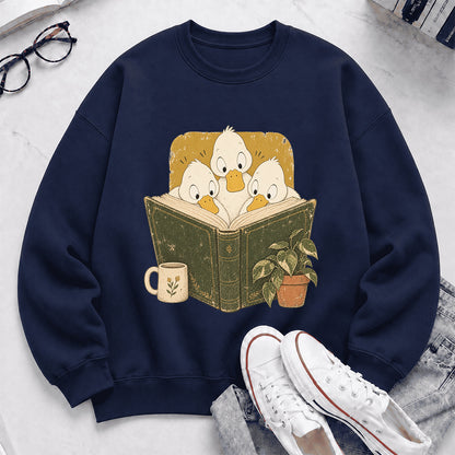 Minimal Japanese Ducks Reading Crewneck Sweatshirt | Reader Gift Navy