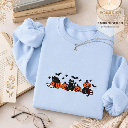Black Cats And Halloween Embroidered Sweatshirt | Spooky Book Lover Gift Light Blue