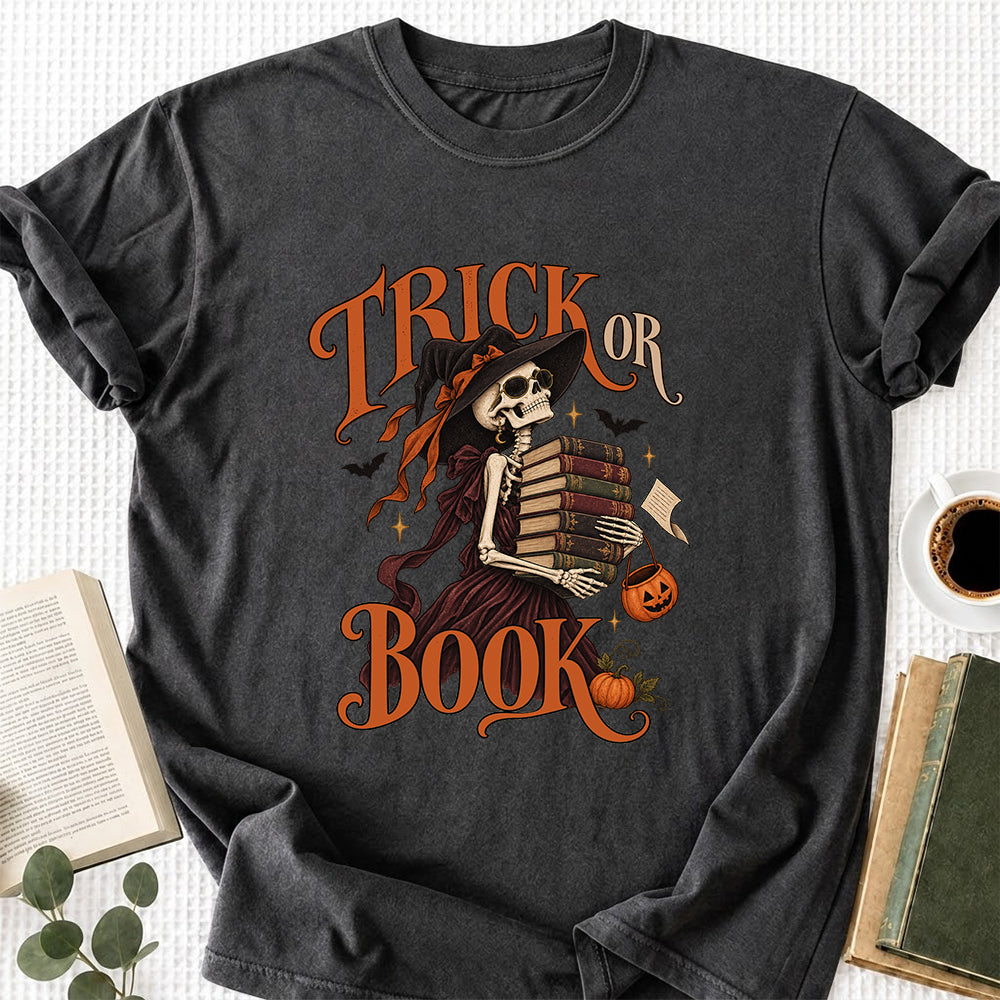 Trick Or Book Lady Printed T-Shirt | Halloween Book Lover Gift Dark Heather