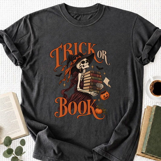 Trick Or Book Lady Printed T-Shirt | Halloween Book Lover Gift Dark Heather